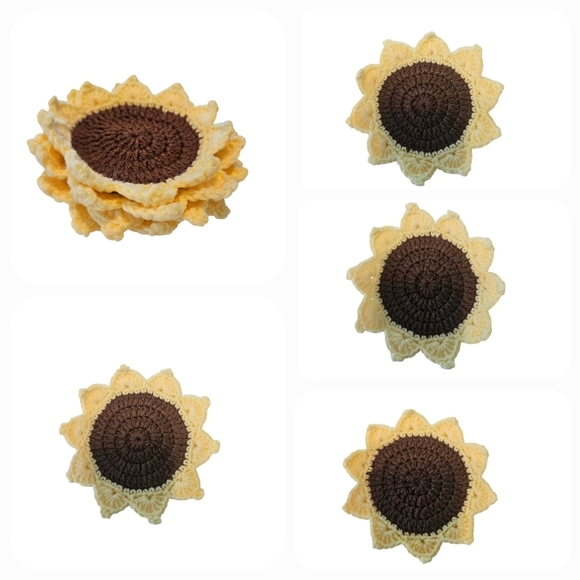Hand Crafted Crochet Coaster Set Sunflower Cup Mat - Picture 1 of 17
